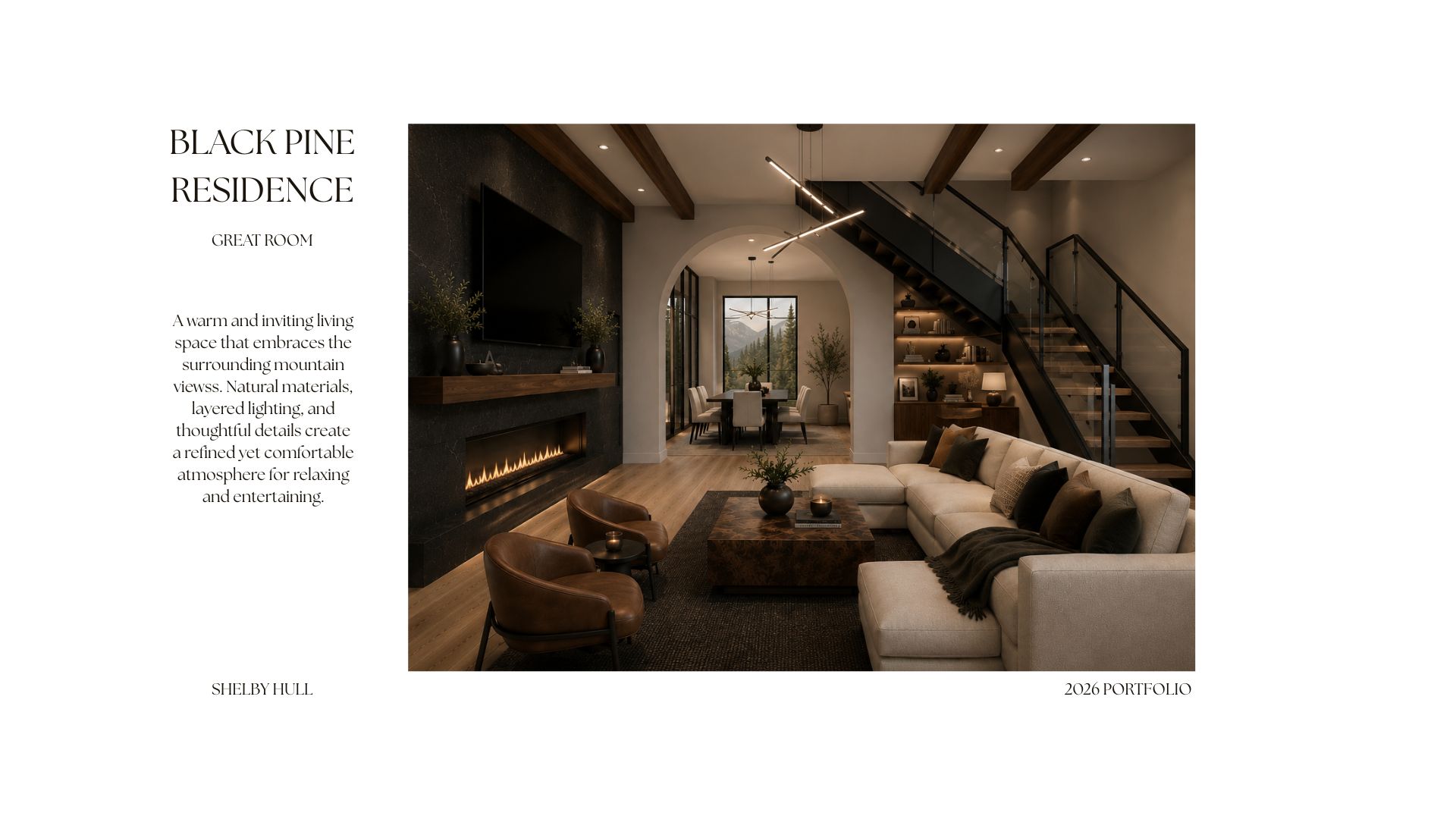 Black Pine great room with warm natural materials and panoramic views.